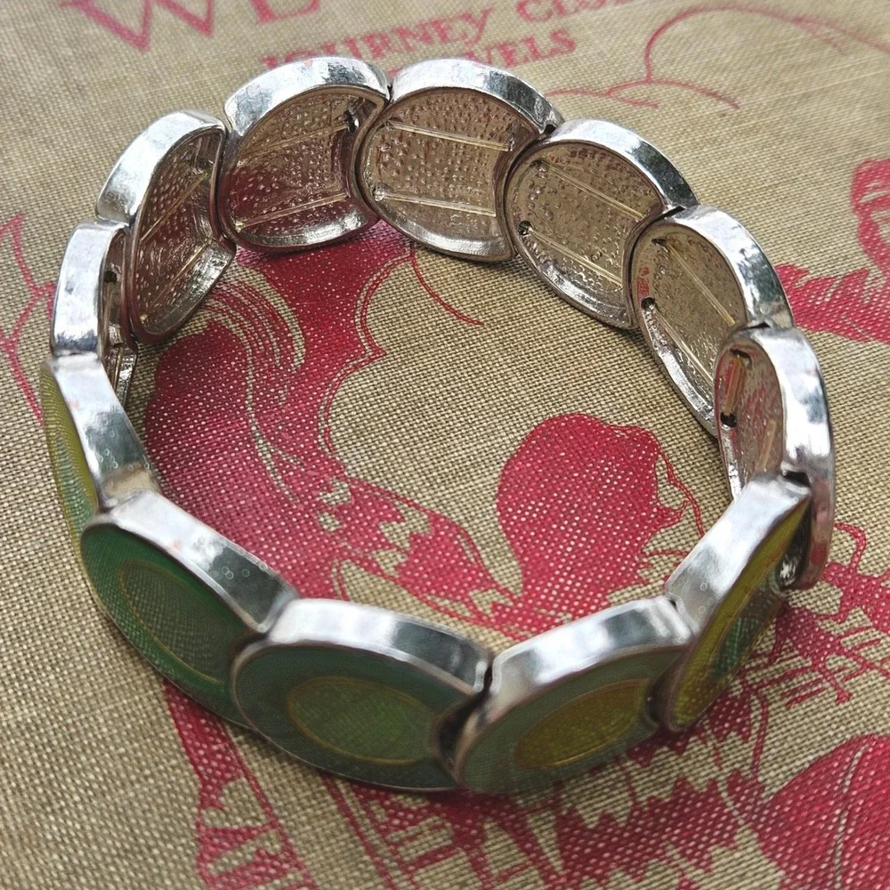 Vtg Y2K Green Enamel Stretch Panel Bracelet Silver Tone Round Circles Mod Retro